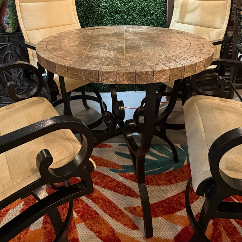Counter Height Stone Top Table W/4 Swivel Balcony Sling Chairs 36Dx38H