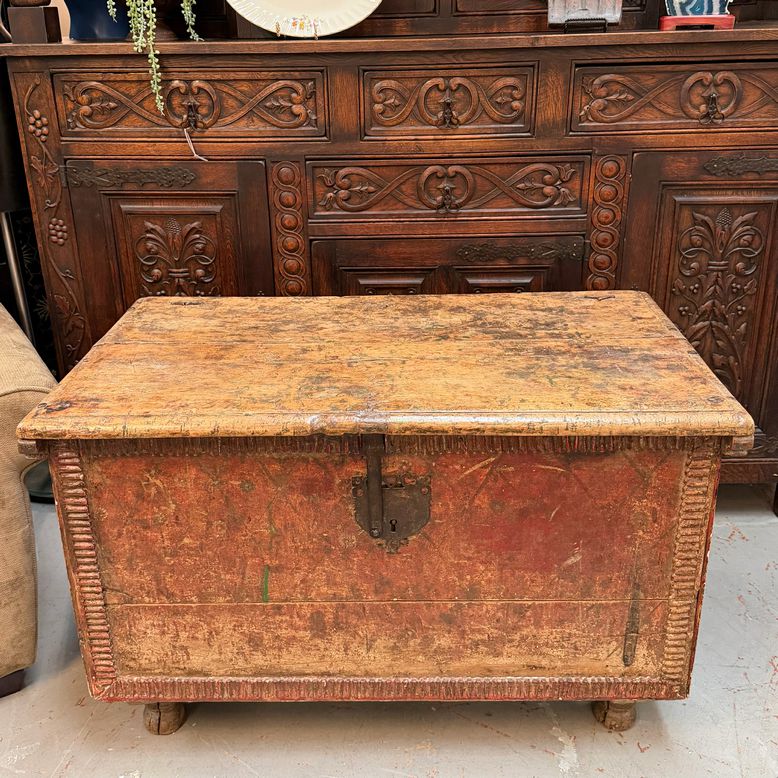 Spanish Colonial Painted Blanket Chest, Hand Forged Iron Hardware 43.5”Wx24”Dx28