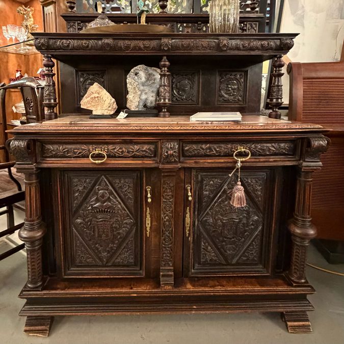 Antique French Renaissance Oak Sideboard W/Marble Inlaid Top 52x23x62.5
