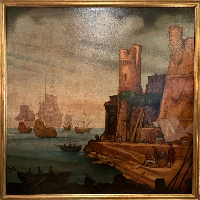 XL Old World Style European Harbor Scene 78x78