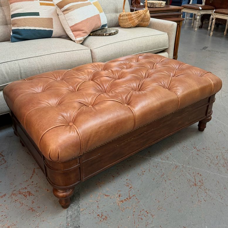 Coffee Leather Tufted Ottoman 47x28x17