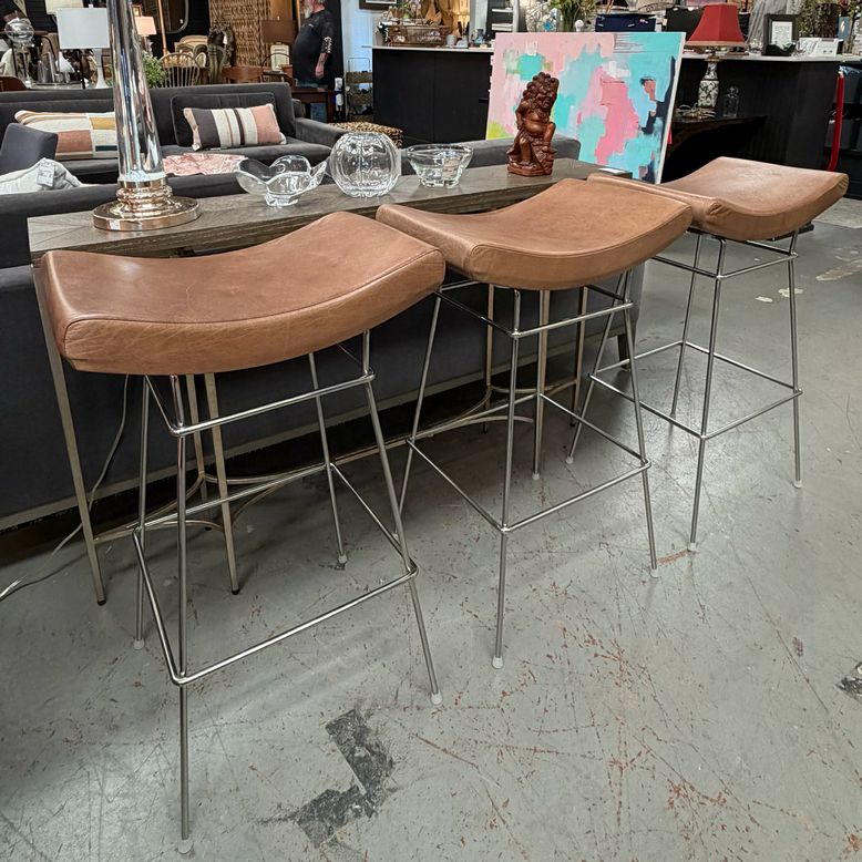 SET/3 Design Within Reach Bienal Leather Saddle Stools by Fernando Jaeger 21x13.