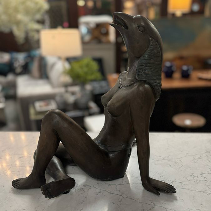 Vintage Bronze Egyptian Mythical Head W/Female Statue Fountain 16" AS IS