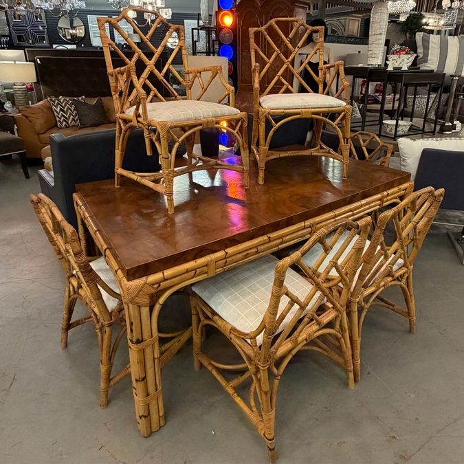 1970's Werner Maier Chinese Chippendale Bamboo & Rattan Table W/6 Chairs 68x42x3