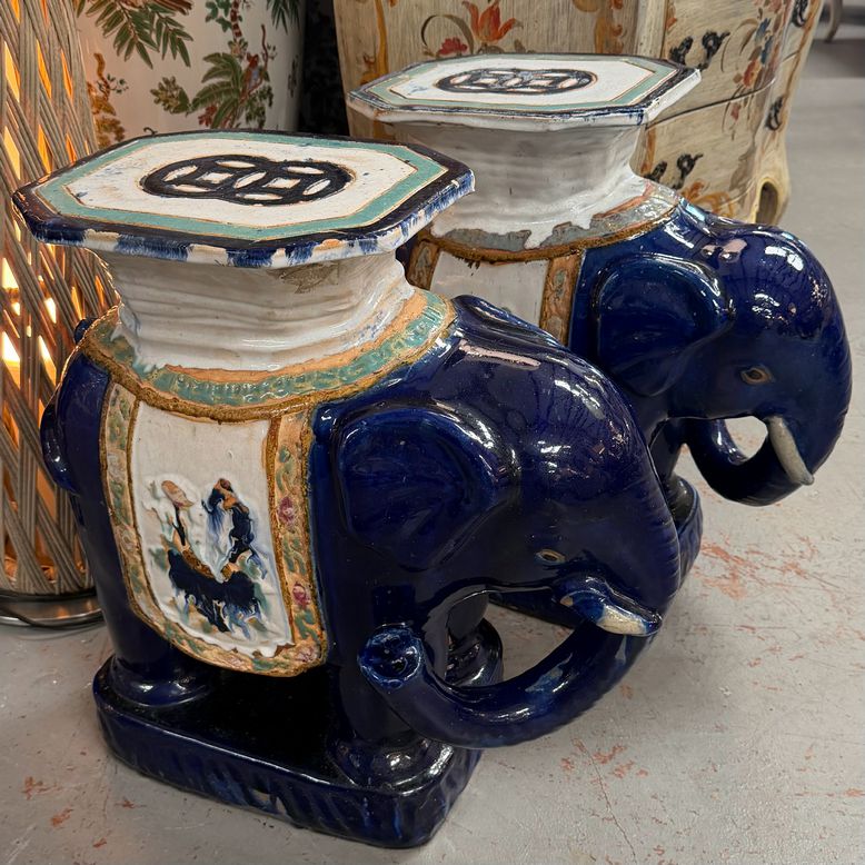 PAIR 1960's Cobalt Asian Elephant Garden Stools 20x10.5x22