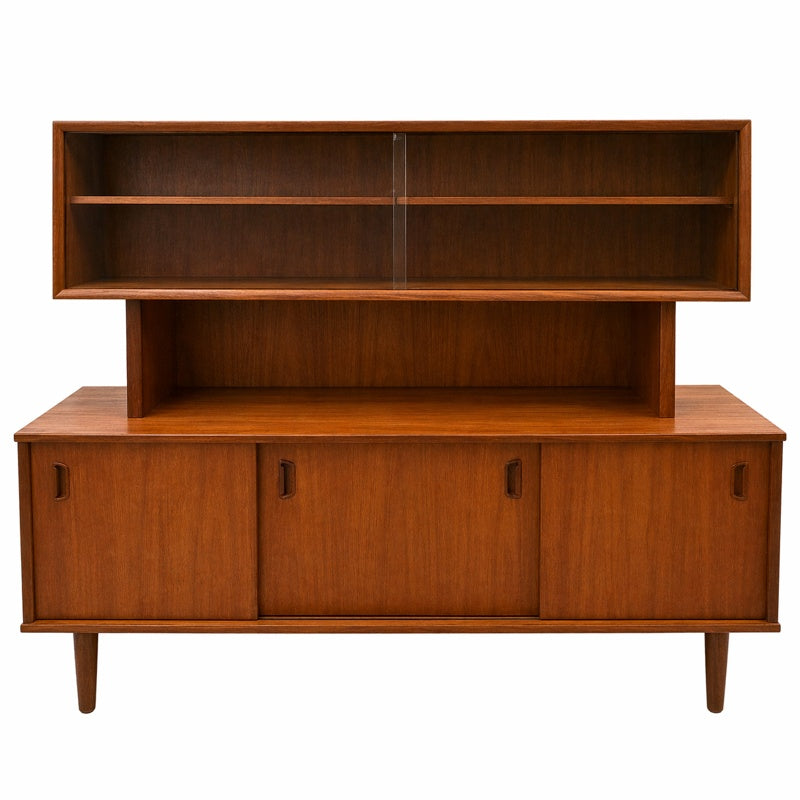 MCM Teak Sliding Door Credenza W/Sliding Glass Hutch 69.5Wx16Dx55.5H