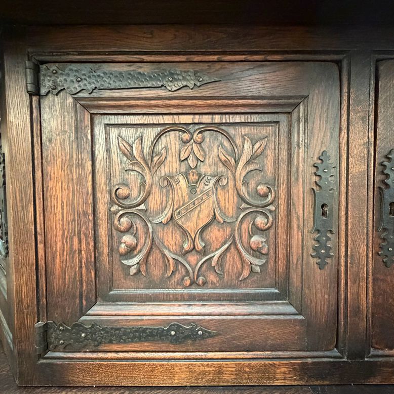 Antique Tudor Revival Carved Oak Cupboard w/Hidden Storage 80x24x74
