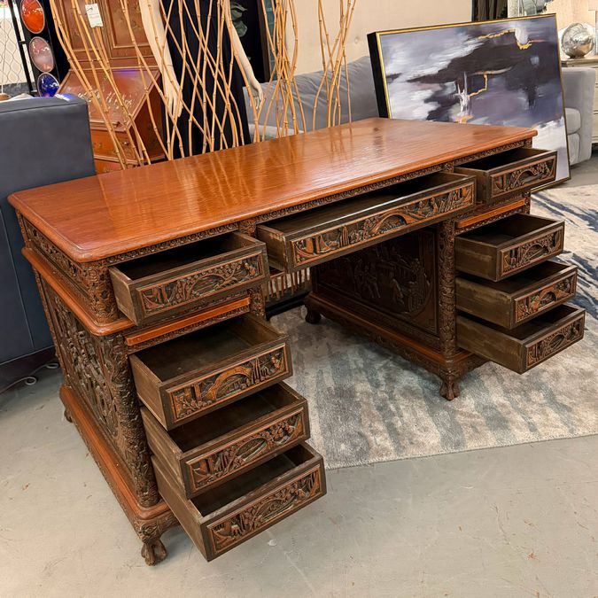 Antique Asian Relief Carved 9-Drw Double Pedestal Desk 54x30x30.5