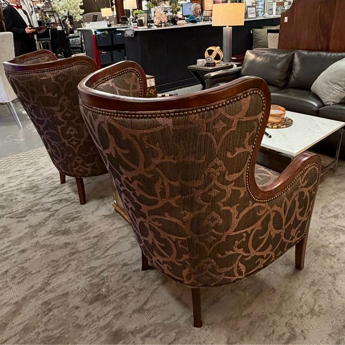 PAIR Custom Wood Framed Wingback Chairs Charcoal & Gold 27.5x34x41.25