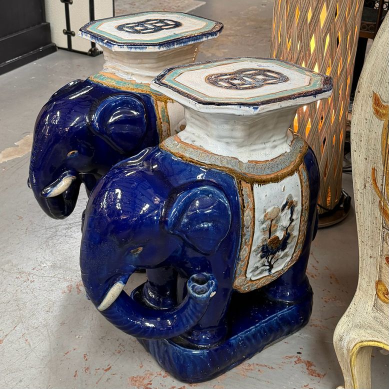 PAIR 1960's Cobalt Asian Elephant Garden Stools 20x10.5x22