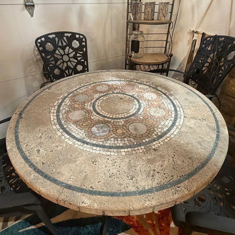 Mosaic Stone Top/Black Iron Base Table W/4 Wrought Iron Chairs 48"DiaX30"H