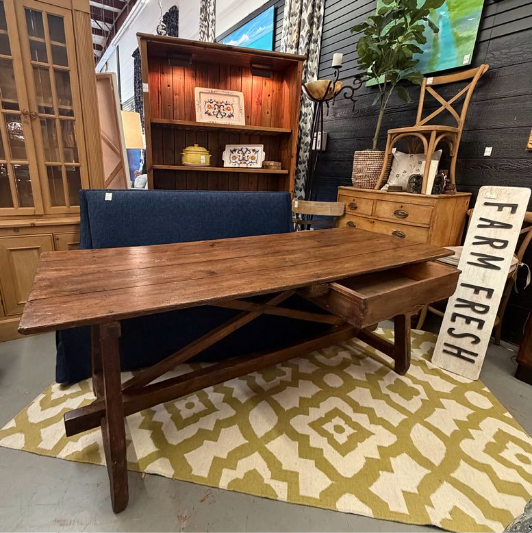 Kristin Mullen Designs Antique European Farmhouse Trestle Table W/Drawer 80x31x3