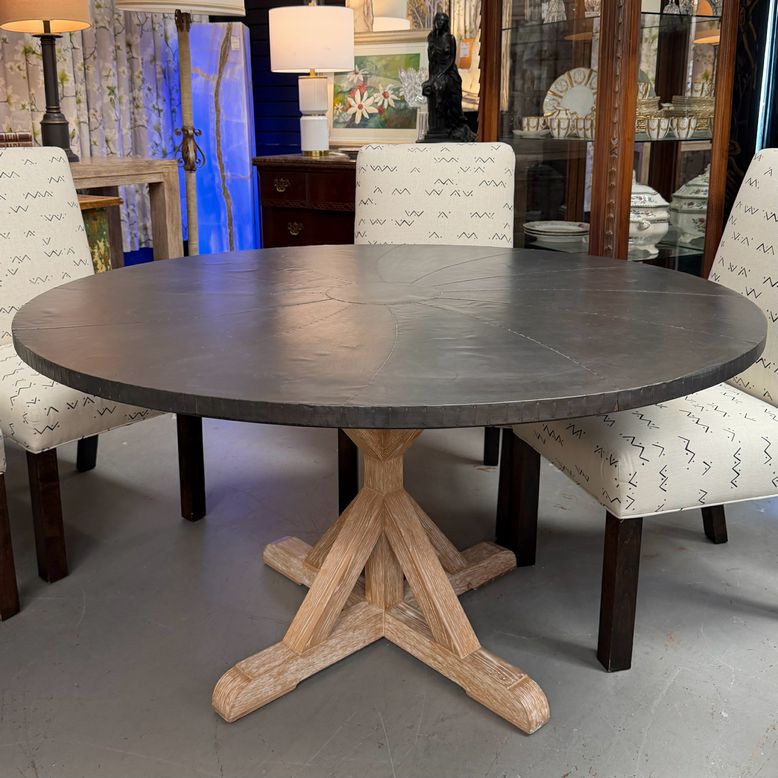 Custom Hammered Zinc Table W/Oak Trestle Pedestal Base 54"Diax29.5"H