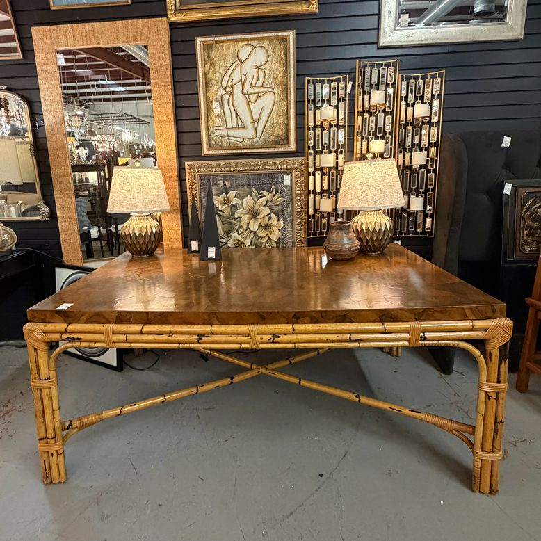 1970's Werner Maier Chinese Chippendale Bamboo & Rattan Table 68x42x30 SALE