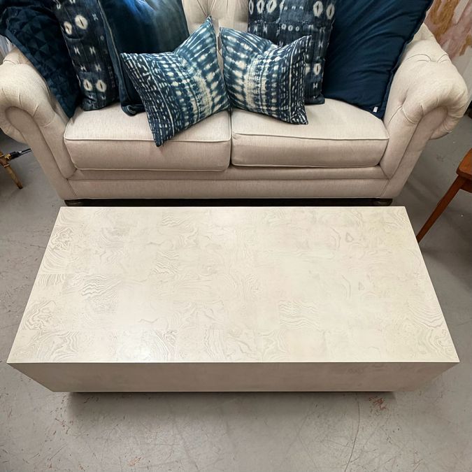 Ethan Allen Braemore Plinth Base Alabaster Coffee Table 60x30x15