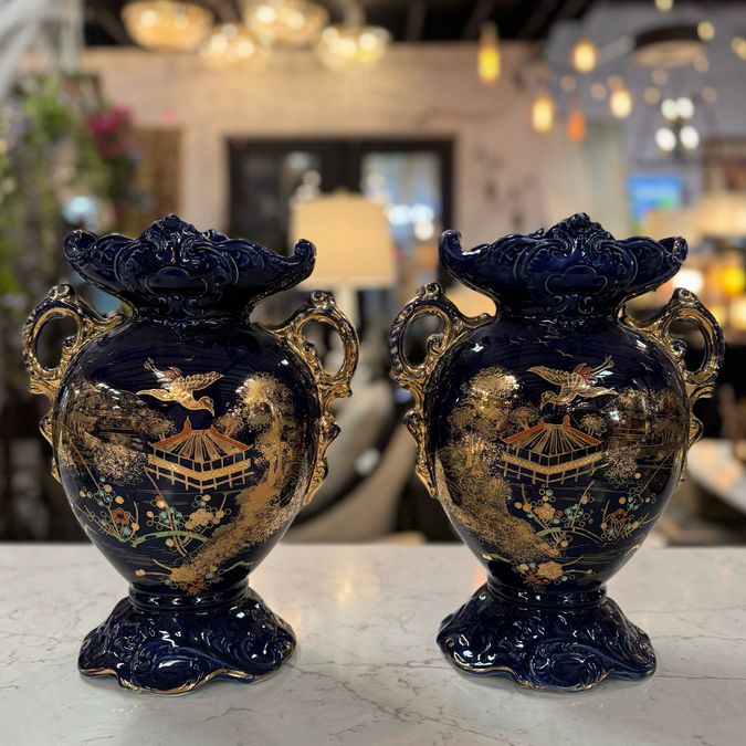 SET/2 Late 19th C. English Flow Blue Vases W/Asian Design 13"H