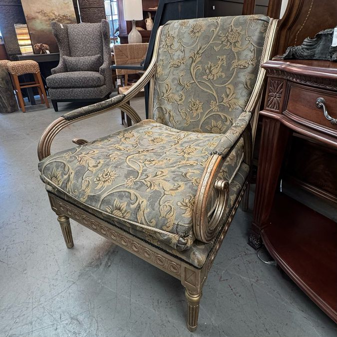 SET/2 Vintage Henredon Directoire Upholstered Arm Chairs W/Metallic Wood Finish