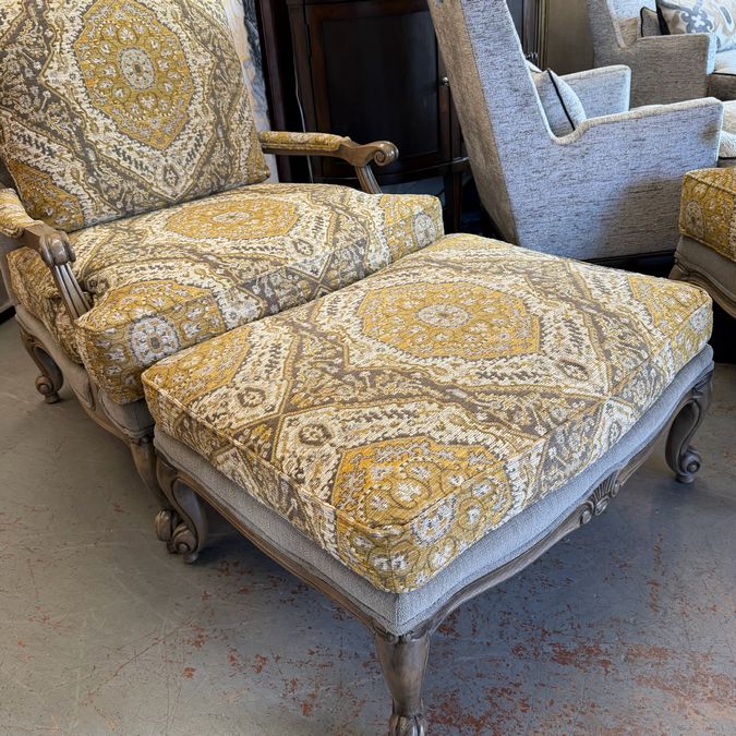 Ethan Allen "Harris" Yellow & Gray Bergere Chair & Ottoman 35x40x43