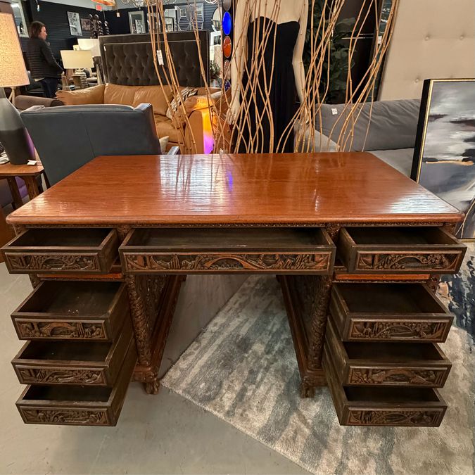 Antique Asian Relief Carved 9-Drw Double Pedestal Desk 54x30x30.5