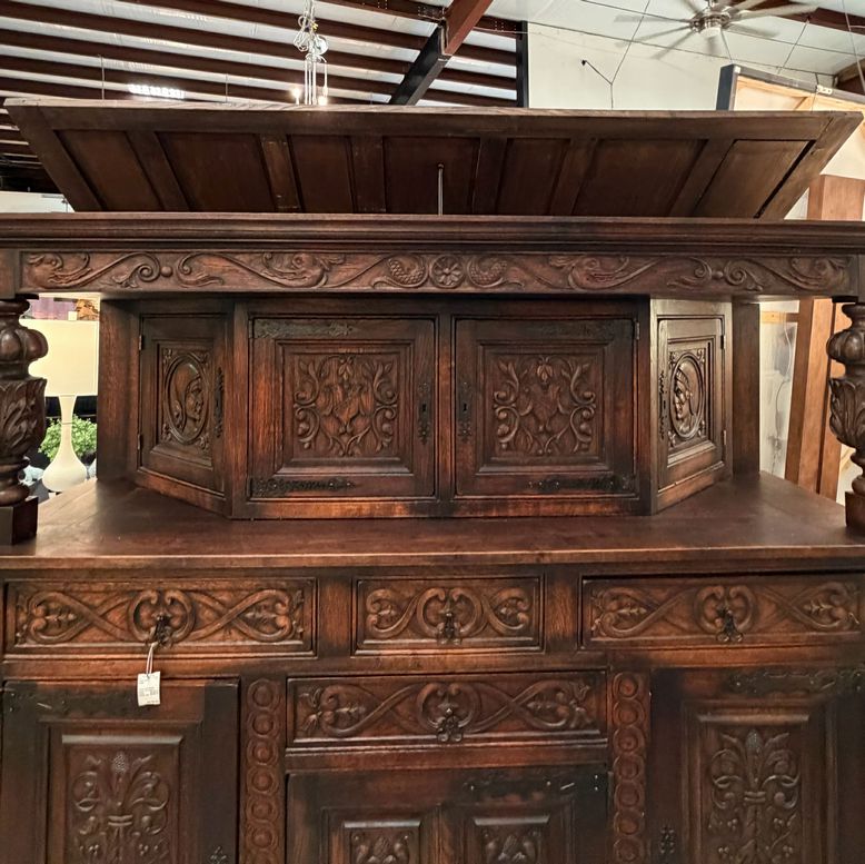 Antique Tudor Revival Carved Oak Cupboard w/Hidden Storage 80x24x74