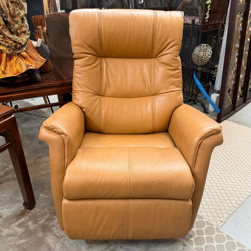 Havertys Camel Leather "Metro" Power Swivel Glider Recliner NEW