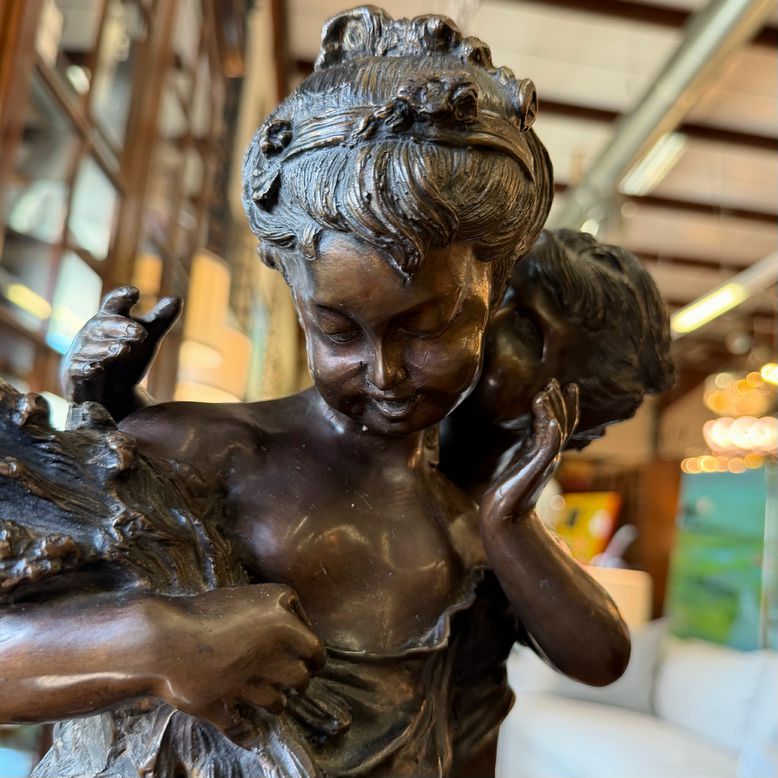 French Children Bronze On Marble Auguste Moreau 25"H
