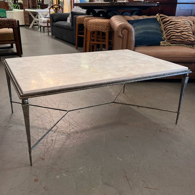 OLY Yves Cocktail Table W/Agate Top, Hammered Iron Base 48"Wx32"Dx19.5"H