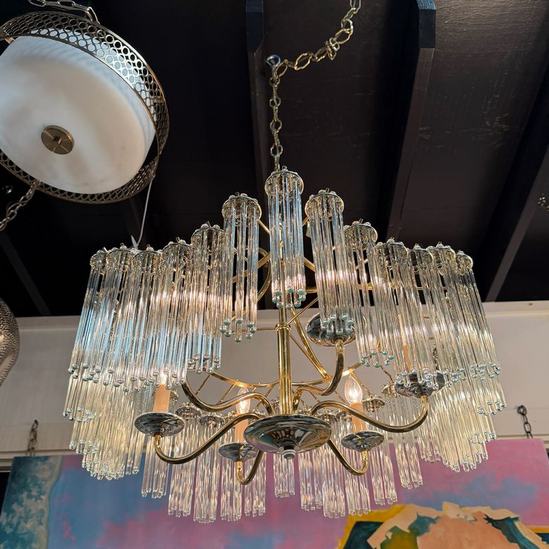 Italian Tronchi Style 6-Lt Brass Chandelier W/8" Glass Rods 24"D