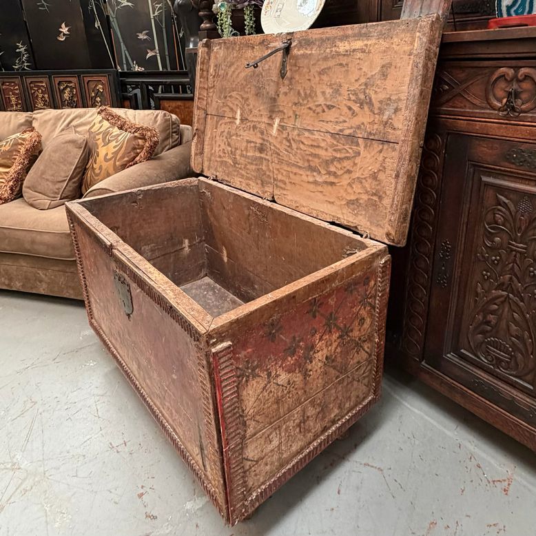 Spanish Colonial Painted Blanket Chest, Hand Forged Iron Hardware 43.5”Wx24”Dx28
