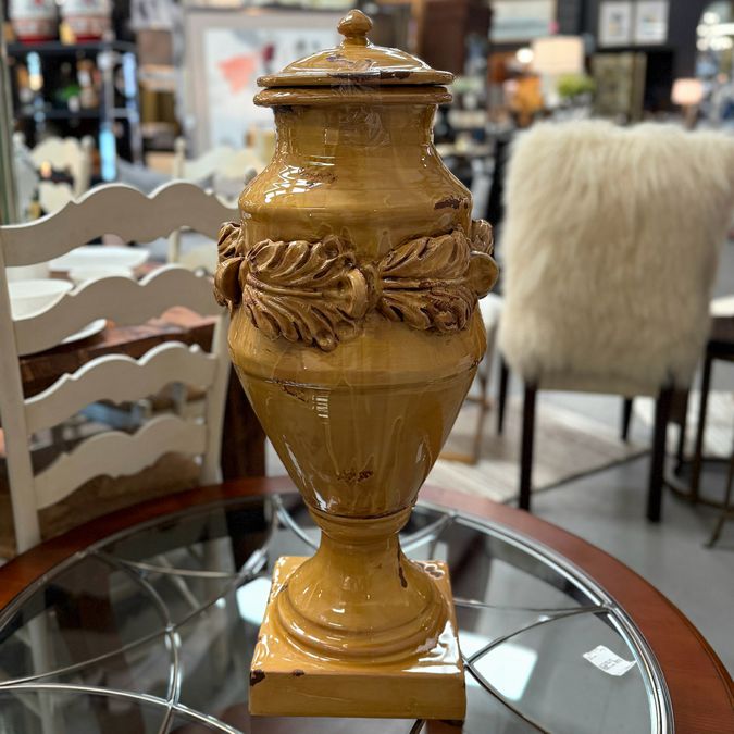 Signed Fortunada Ochre Urn W/Lid 33"H