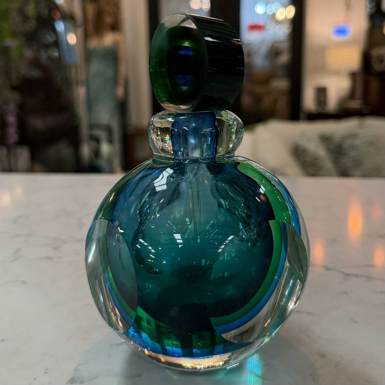 Blue-Green Bull's Eye Art Glass Perfume Bottle 6"