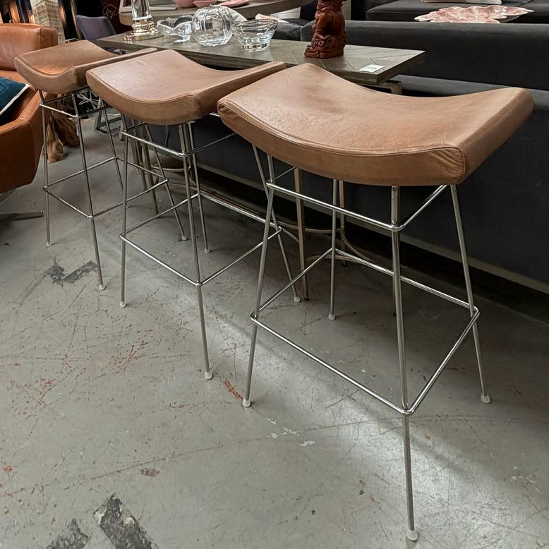 SET/3 Design Within Reach Bienal Leather Saddle Stools by Fernando Jaeger 21x13.