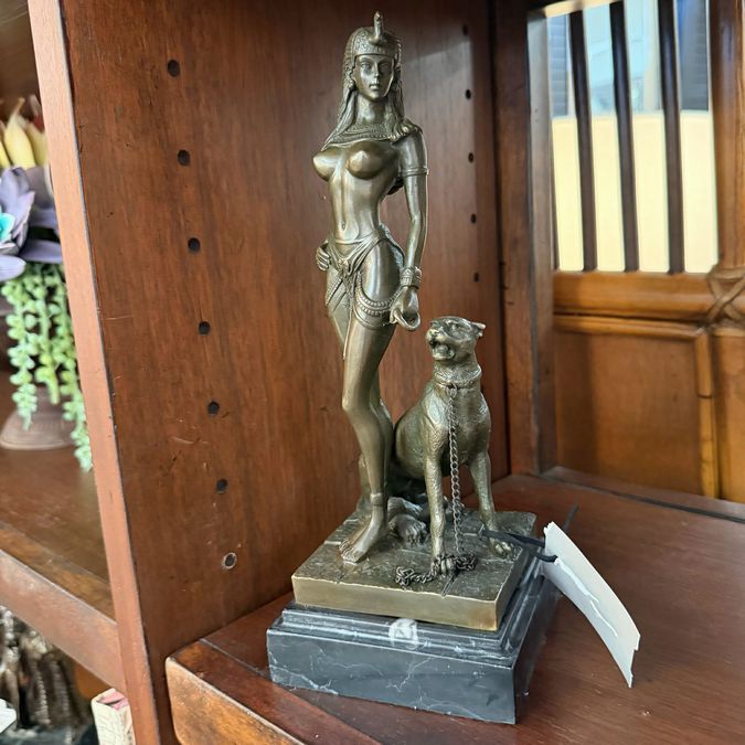 10.5" Egyptian Queen Cleopatra Enthroned Panther Bronze Statue
