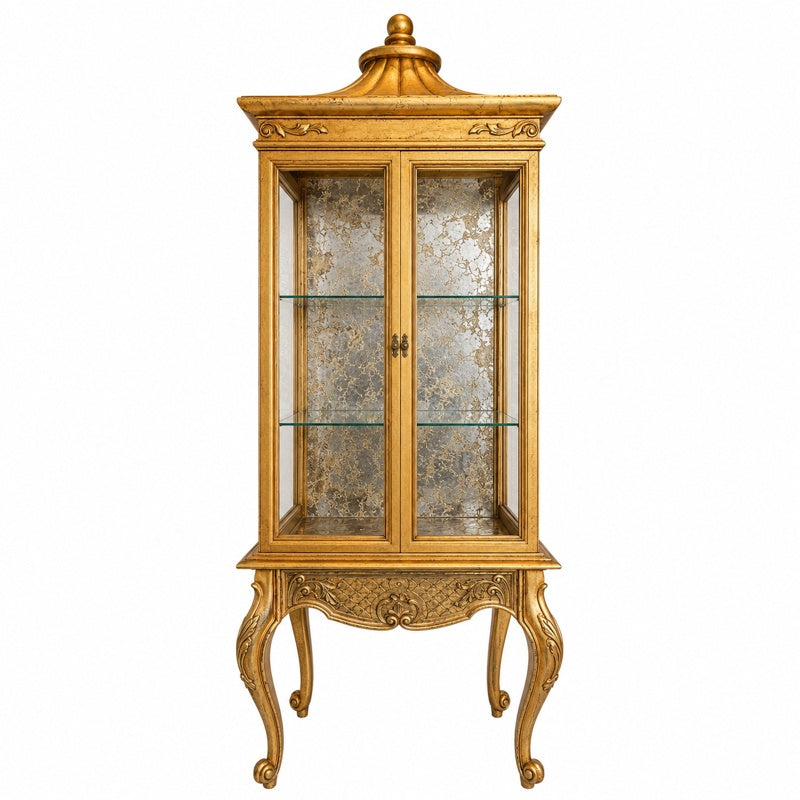 Gilt 2-Door Vitrine W/Pagoda Crown, Cabriole Legs 25x15x80