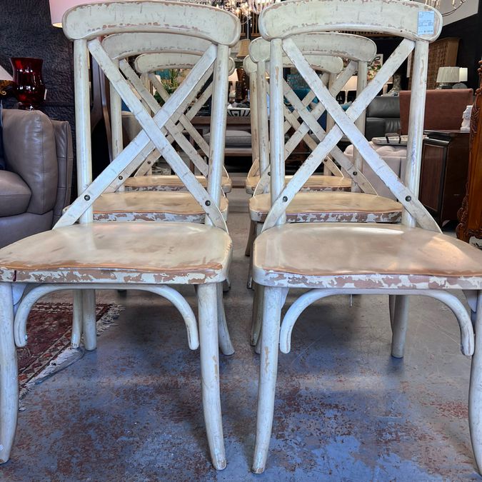 SET/6 Hooker Wakefield Distressed Cream X Back Side Chairs 19x18x38