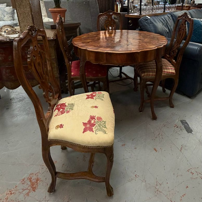 1880's Italian Rococo Revival Walnut Burl Marquetry Table W/Matching Chairs