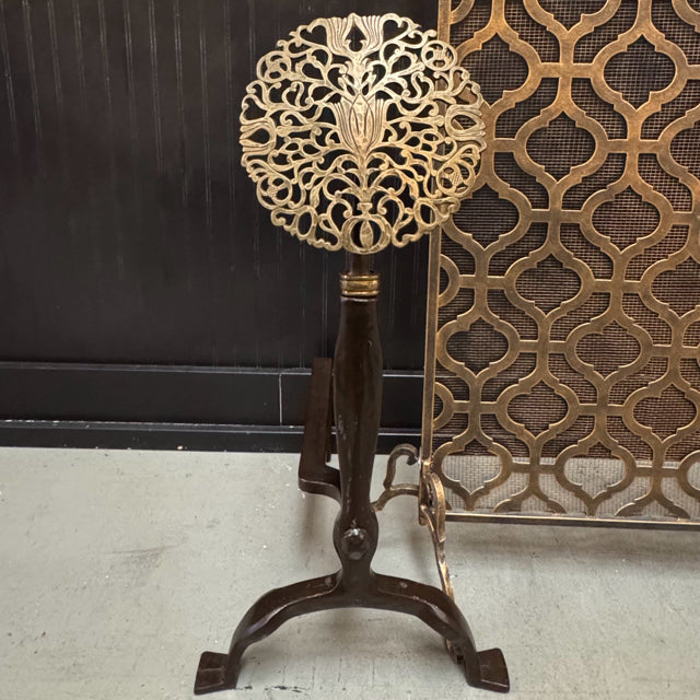 PAIR Vintage Bronze Motif & Nickel Andirons in Style of Ernest Gimson 13x15x28