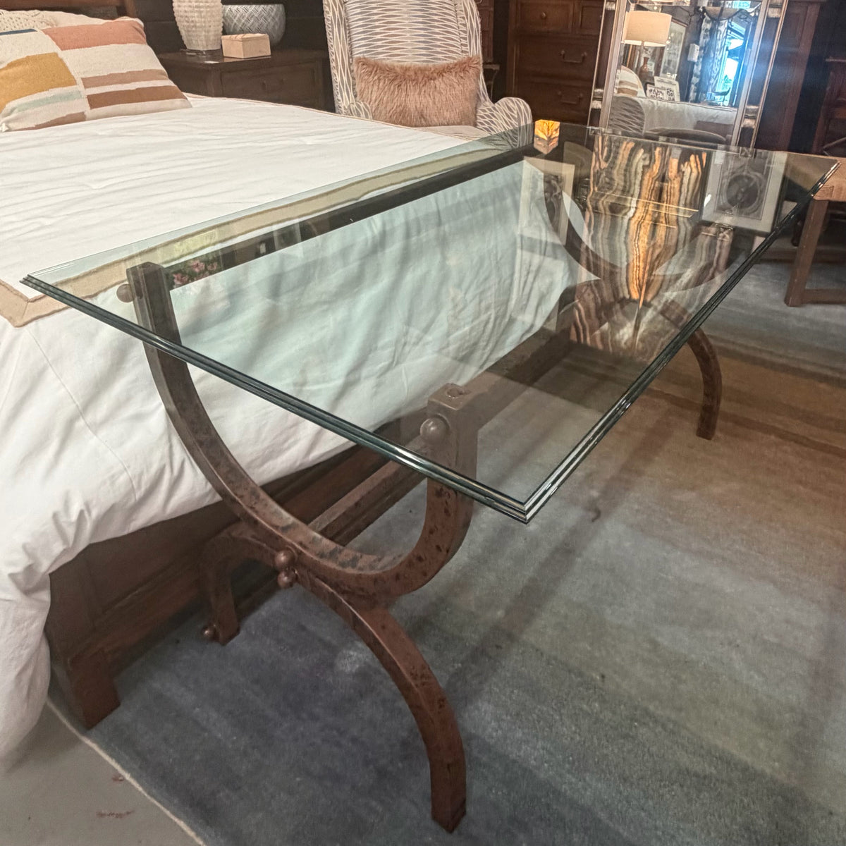 Glass Top/Curule Distress Bronze Finish Base Desk 55x30x29