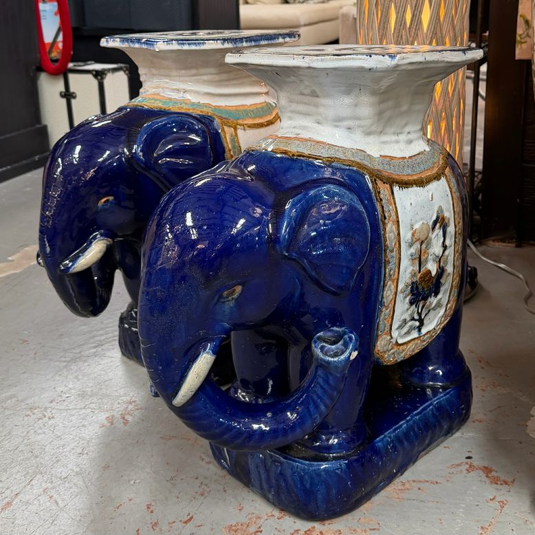 PAIR 1960's Cobalt Asian Elephant Garden Stools 20x10.5x22