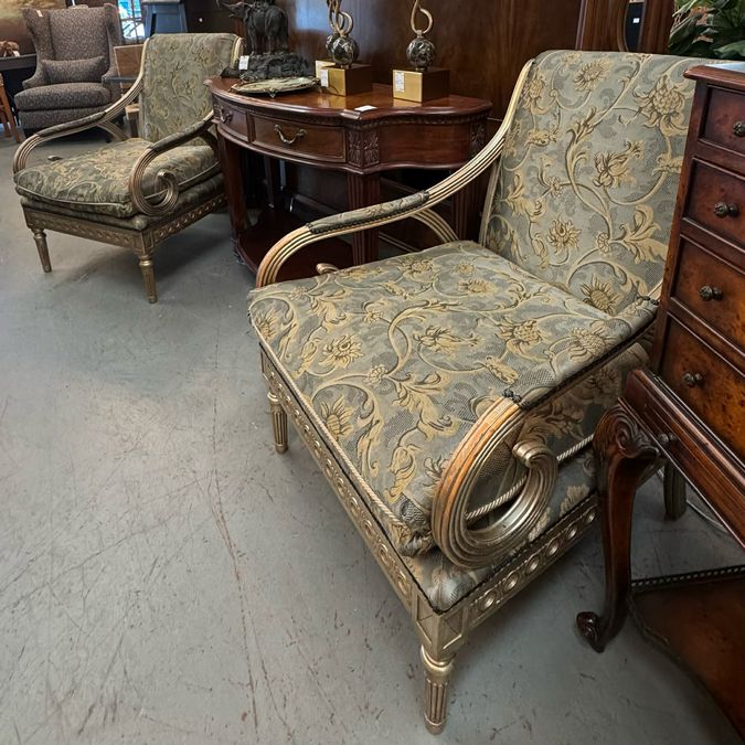 SET/2 Vintage Henredon Directoire Upholstered Arm Chairs W/Metallic Wood Finish