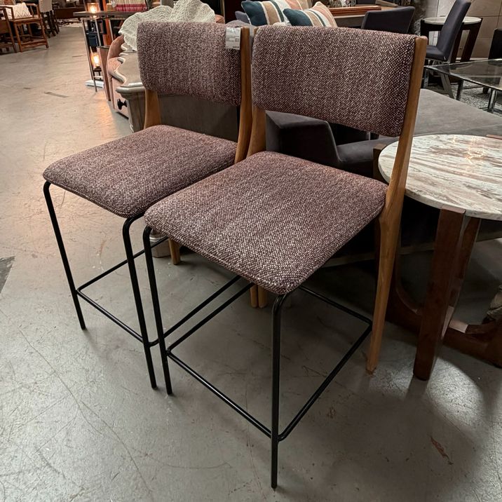 PAIR Crate & Barrel Raaf Burgundy Barstools 18X21.25X38.25 (Seat: 25.5)