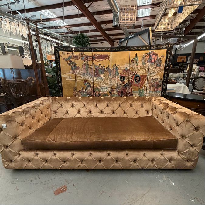 Marge Carson Custom Couture Milan Gold Velvet Tufted Sofa 103x47x32