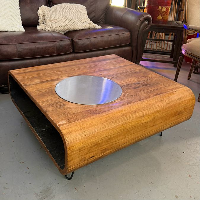Unique Rustic Wood Coffee Table W/Stainless Turntable 36x36x16