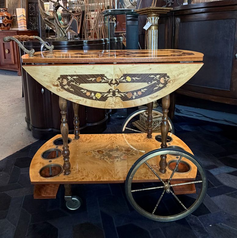 Vintage Italian Marquetry Bar Cart 29.5x29.5x26.5