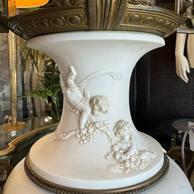 PAIR 1920's Bisque Porcelain & Bronze Vases 24.5"H