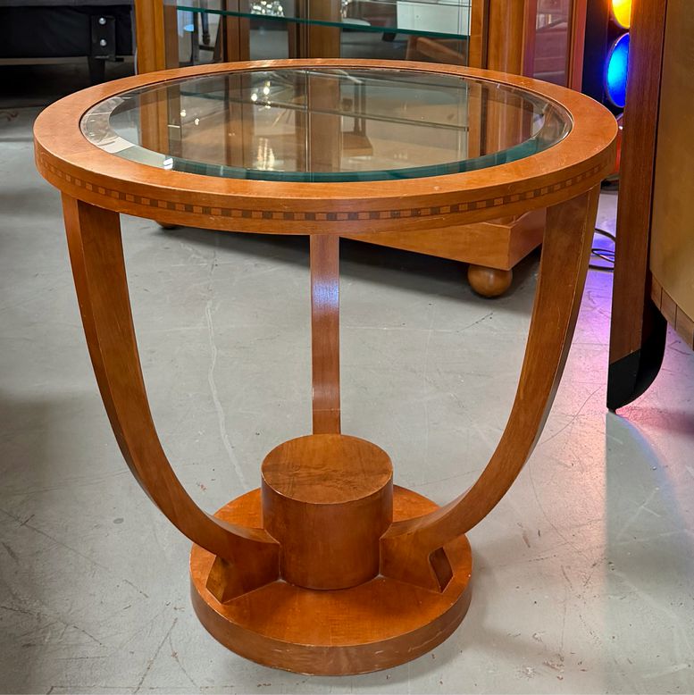 Deco Style Inlaid Wood & Glass Side Table 26x26x24