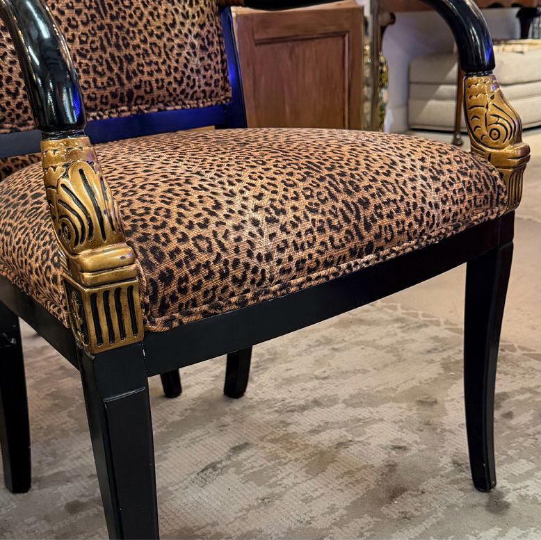 SET/6 Hollywood Regency Style Black Carved Gilt Chairs W/Leopard Upholstery 22x2