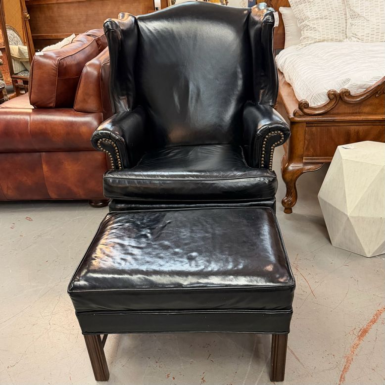 AWESOME Vintage Pristine Black Leather Wingback Chair W/Ottoman 33X34X43