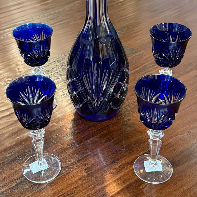 Germany 1980's Cobalt Cut to Clear Crystal Decanter W/4 Liqueur Glasses 12.5"H