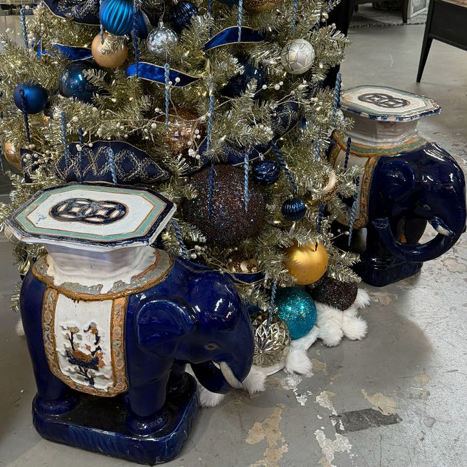 PAIR 1960's Cobalt Asian Elephant Garden Stools 20x10.5x22